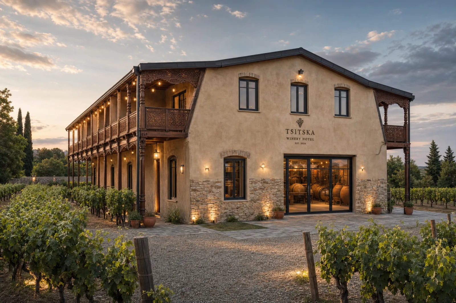 The winery and guesthouse at dusk, with carved wooden balconies, stone walls, and lit windows above the vineyard rows