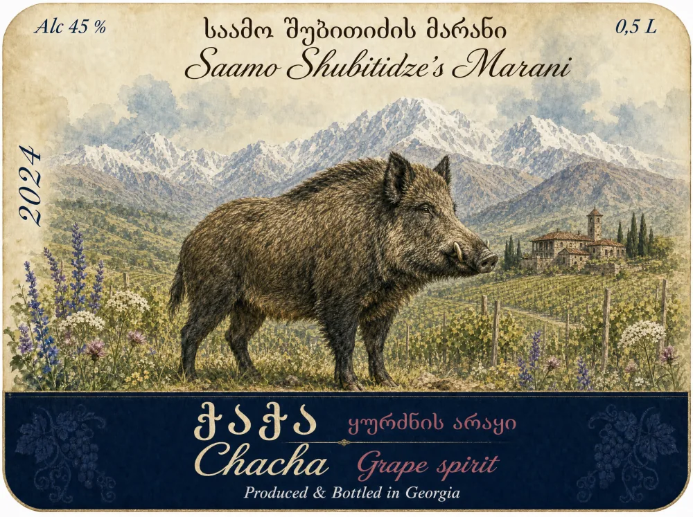 Chacha grape spirit label — Saamo Shubitidze's Marani, a Georgian wild boar