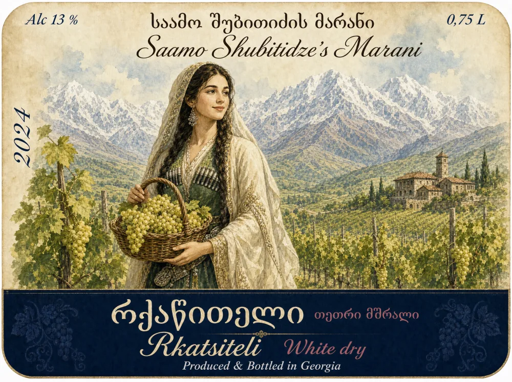 Rkatsiteli white wine label — Saamo Shubitidze's Marani, a Georgian woman with a grape basket