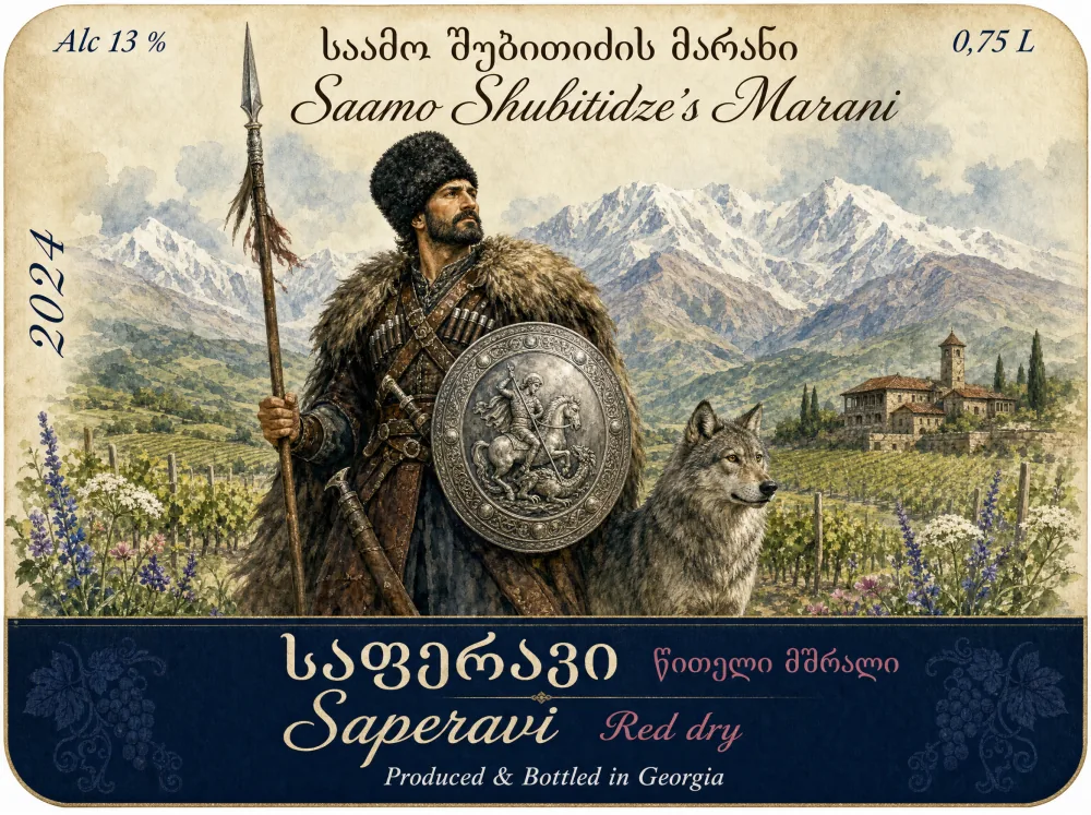 Saperavi dry red wine label — Saamo Shubitidze's Marani, a Georgian highlander warrior with shield and wolf