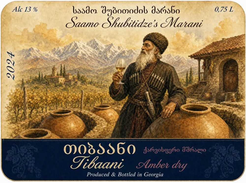 Tibaani amber wine label — Saamo Shubitidze's Marani, an elder winemaker by the qvevri